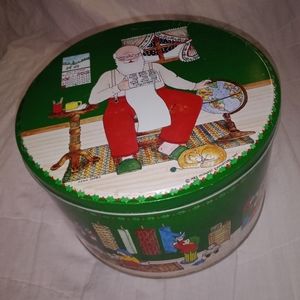 Vintage Christmas Santa Elf Cookie Tin 1982 Lynn Gates Design 8 3/4" Diameter